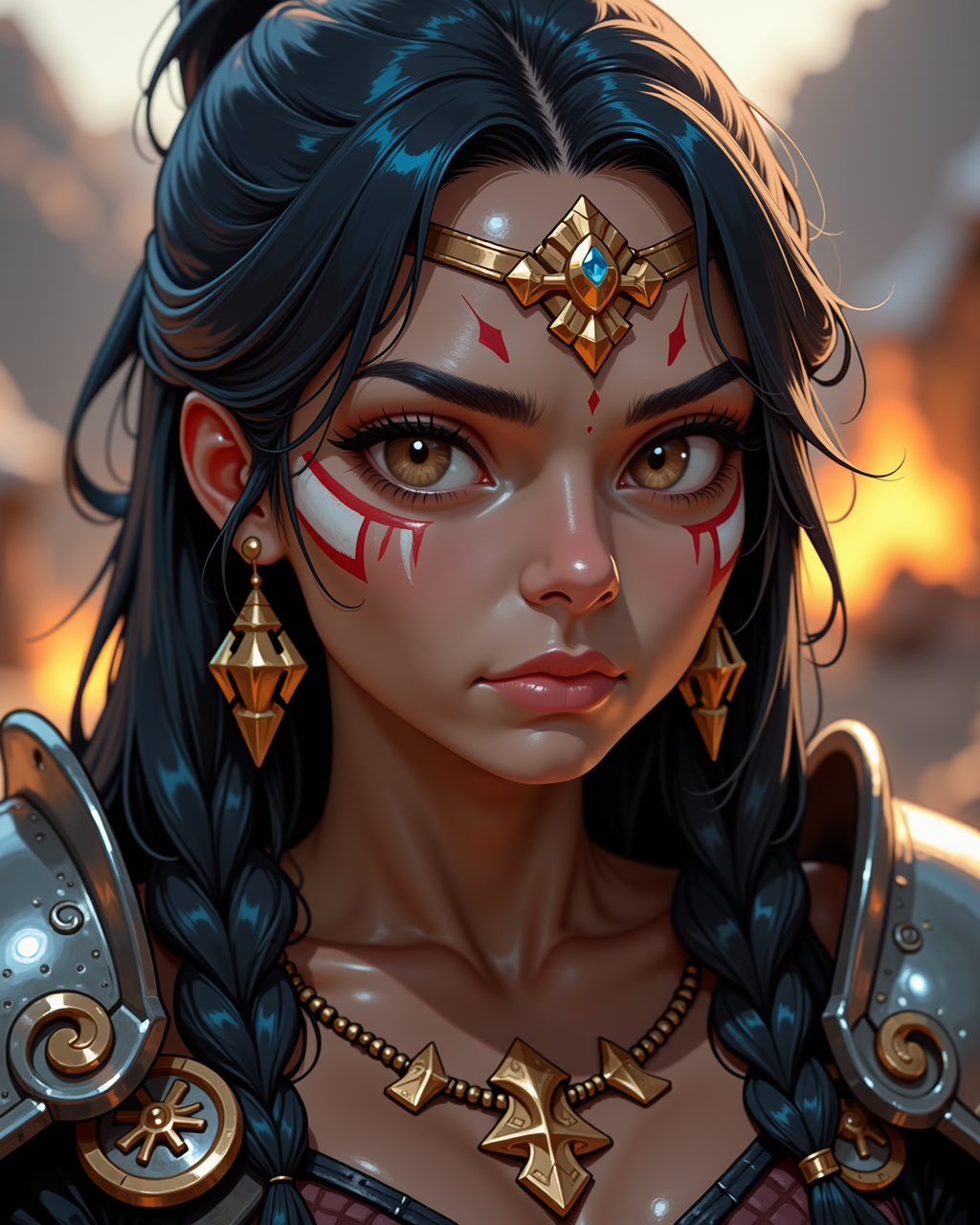 A warrior in gold jewelry and warpaint, amber eyes steady, braid heavy with ornaments