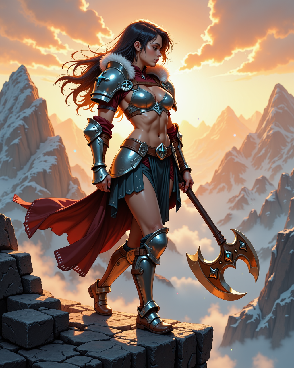 A warrior with a battleaxe stands on a mountain peak at sunset, wind catching her crimson cloak