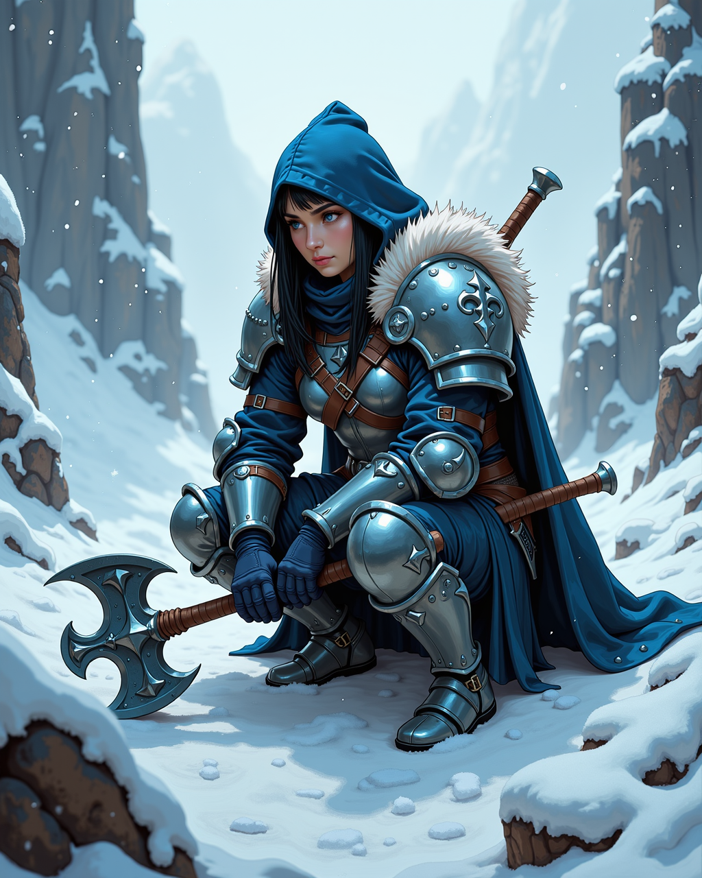 A hooded warrior in snow, eyes sharp beneath the fur-lined hood