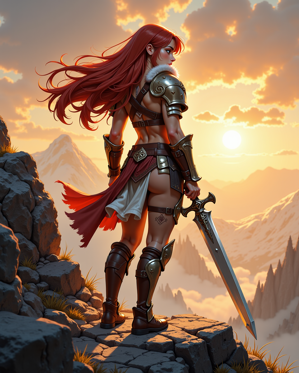 A red-haired warrior stands on a cliff edge at sunset, sword held low, wind catching her crimson hair and tattered cloak