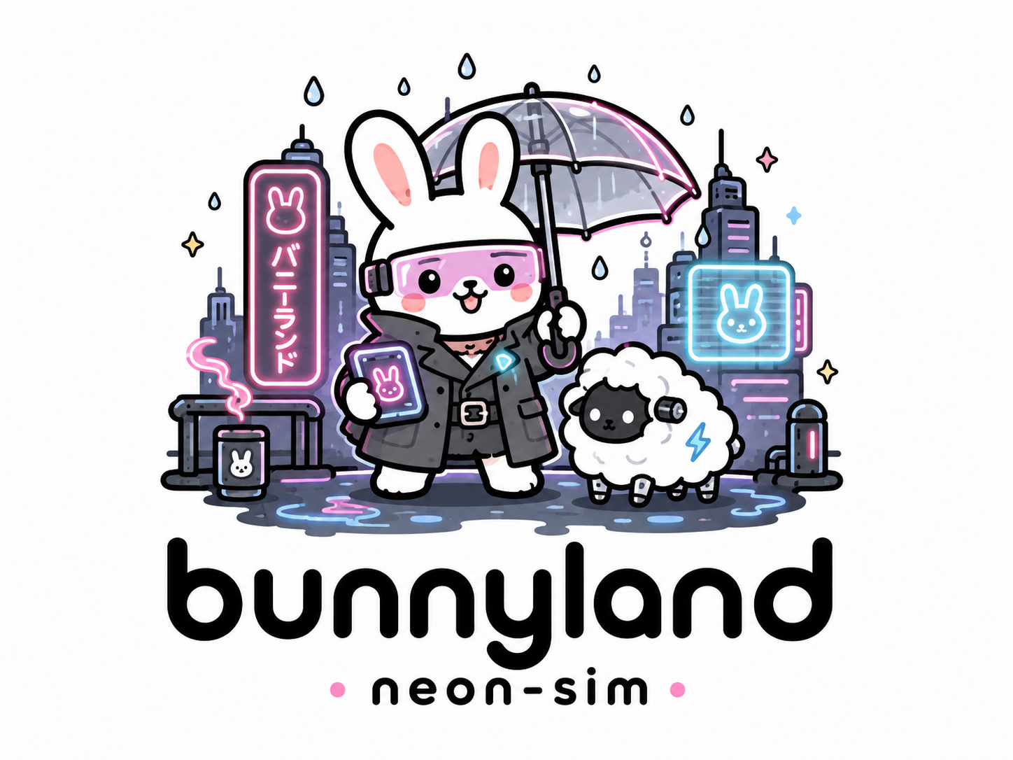Bunnyland neon-sim package logo — cyberpunk districts, surveillance, hacking, implants