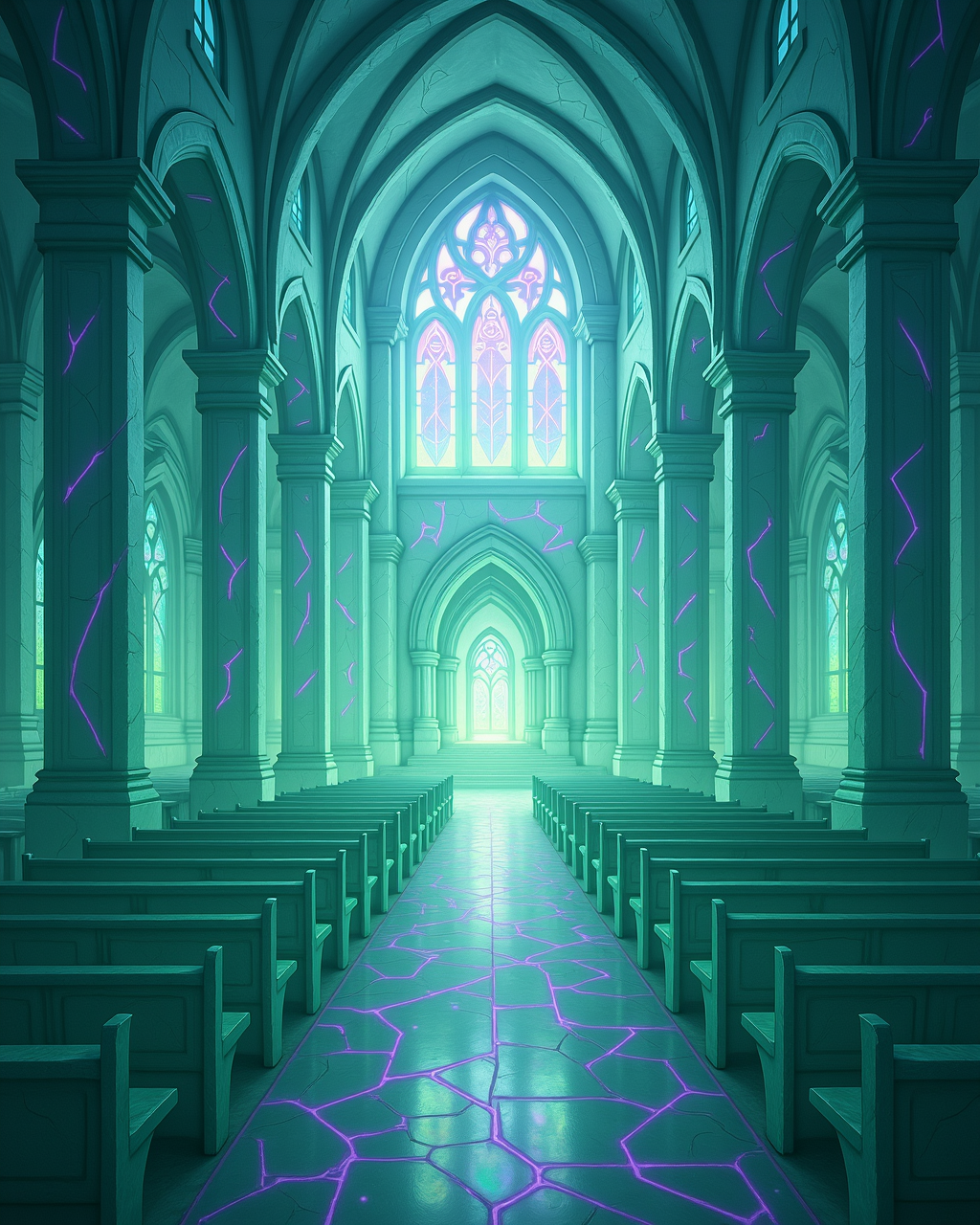 A Glassborne cathedral with cracked pillars revealing uranium-green light within