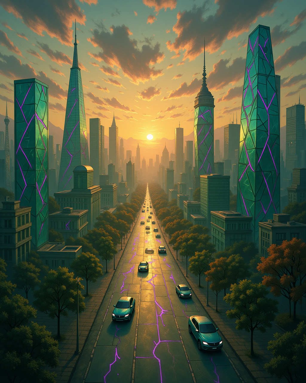A Glassborne cityscape at sunset — skyscrapers cracked with purple fissures, roads veined with violet light