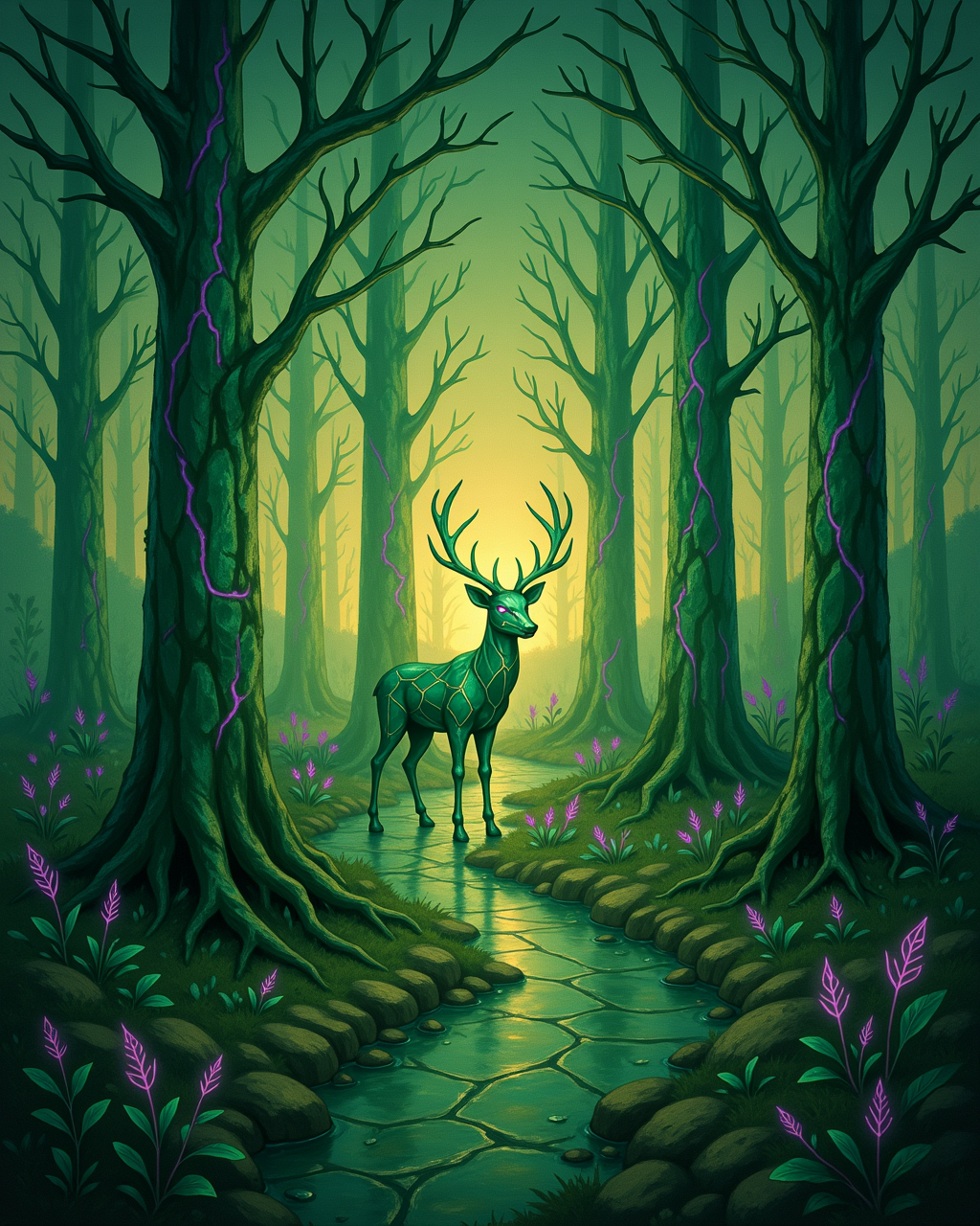 A crystalline deer stands in an enchanted forest, its body veined with green light and purple fractures
